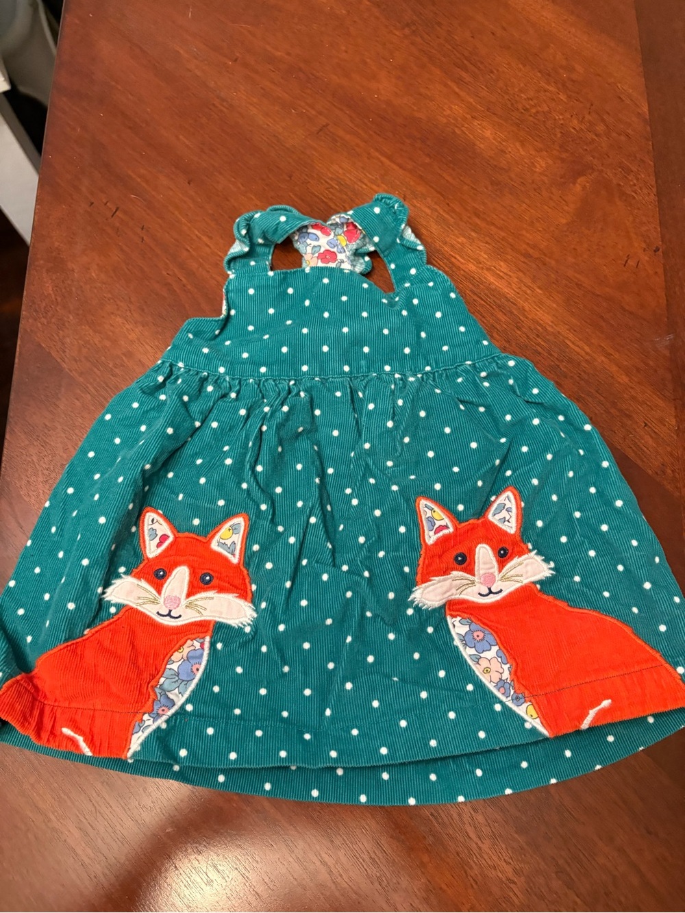 Baby Boden Teal Polka Dot Dress with Orange Fox Appliqués